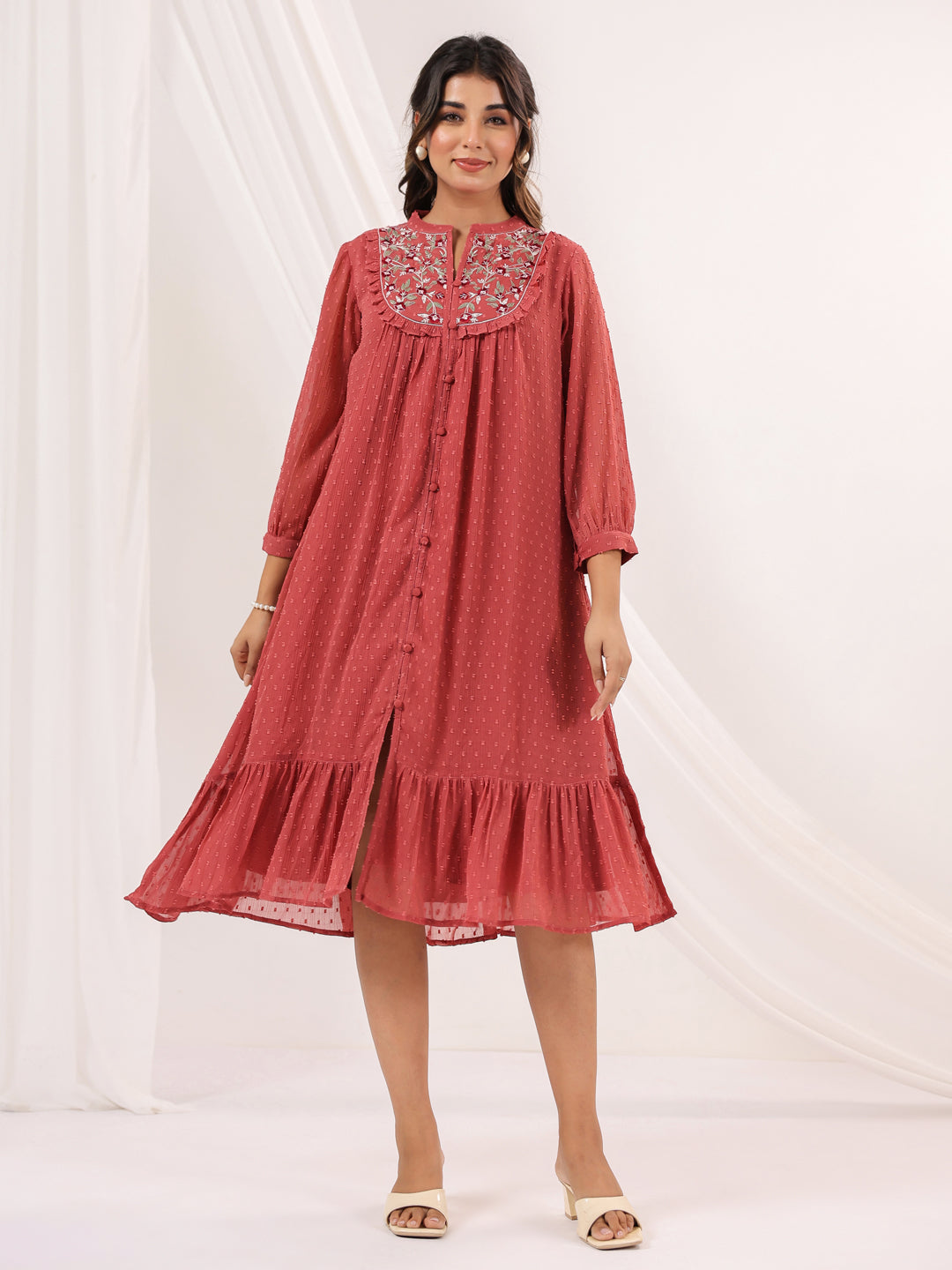 Janasya Dark Dobby Chiffon Embroidered Tiered Dress