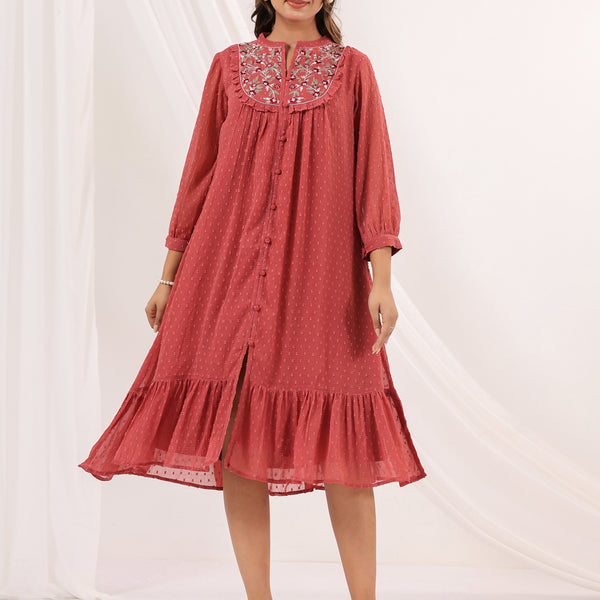 Janasya Dark Dobby Chiffon Embroidered Tiered Dress