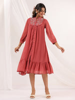 Thumbnail for Janasya Dark Dobby Chiffon Embroidered Tiered Dress