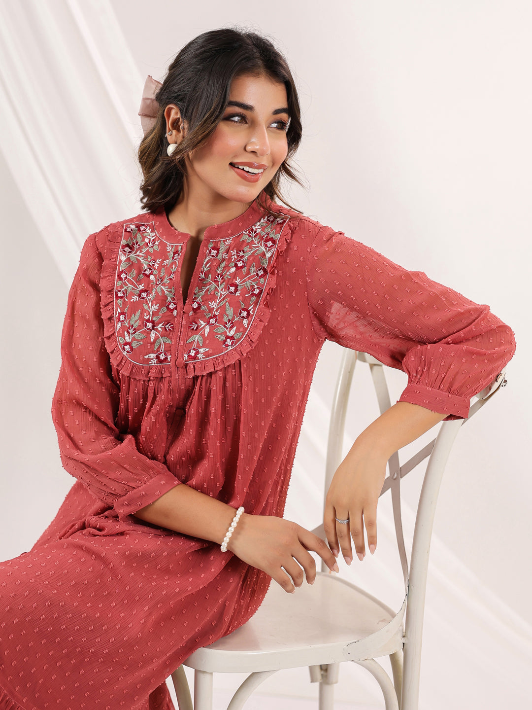 Janasya Dark Dobby Chiffon Embroidered Tiered Dress