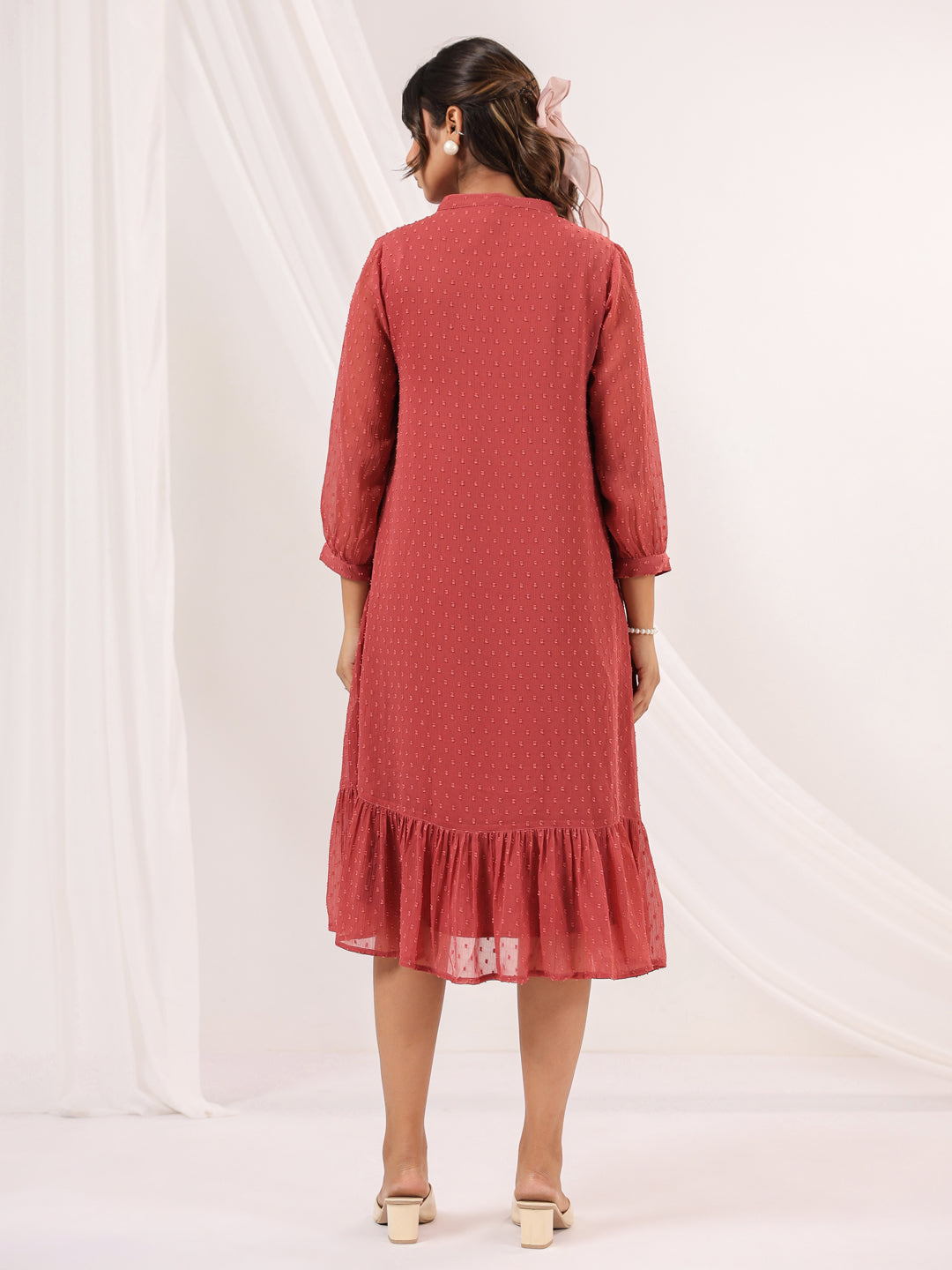 Janasya Dark Dobby Chiffon Embroidered Tiered Dress