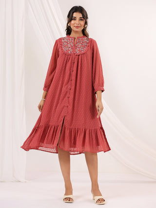 Janasya Dark Dobby Chiffon Embroidered Tiered Dress