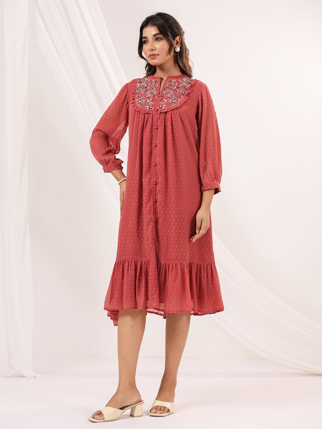 Janasya Dark Dobby Chiffon Embroidered Tiered Dress