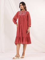 Thumbnail for Janasya Dark Dobby Chiffon Embroidered Tiered Dress