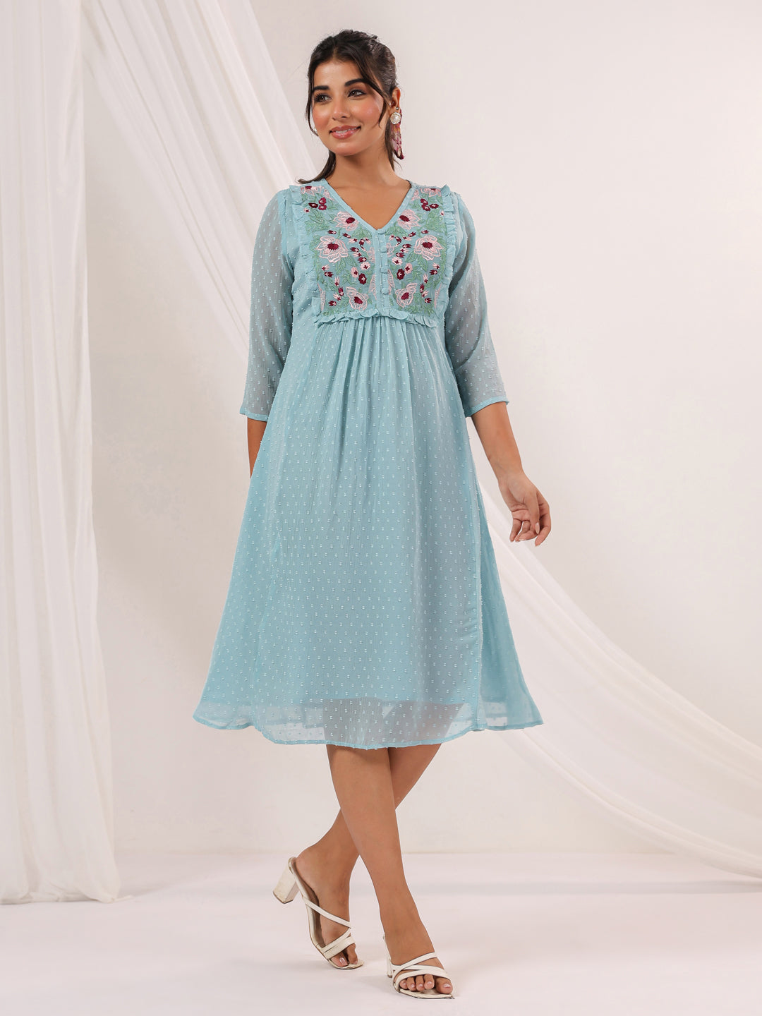 Janasya Light Dobby Chiffon Embroidered A-Line Dress