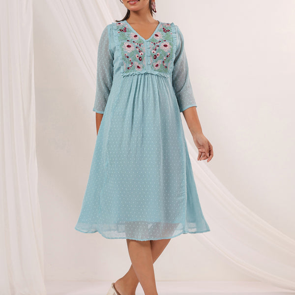 Janasya Light Dobby Chiffon Embroidered A-Line Dress