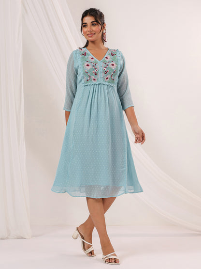 Janasya Light Dobby Chiffon Embroidered A-Line Dress - Distacart