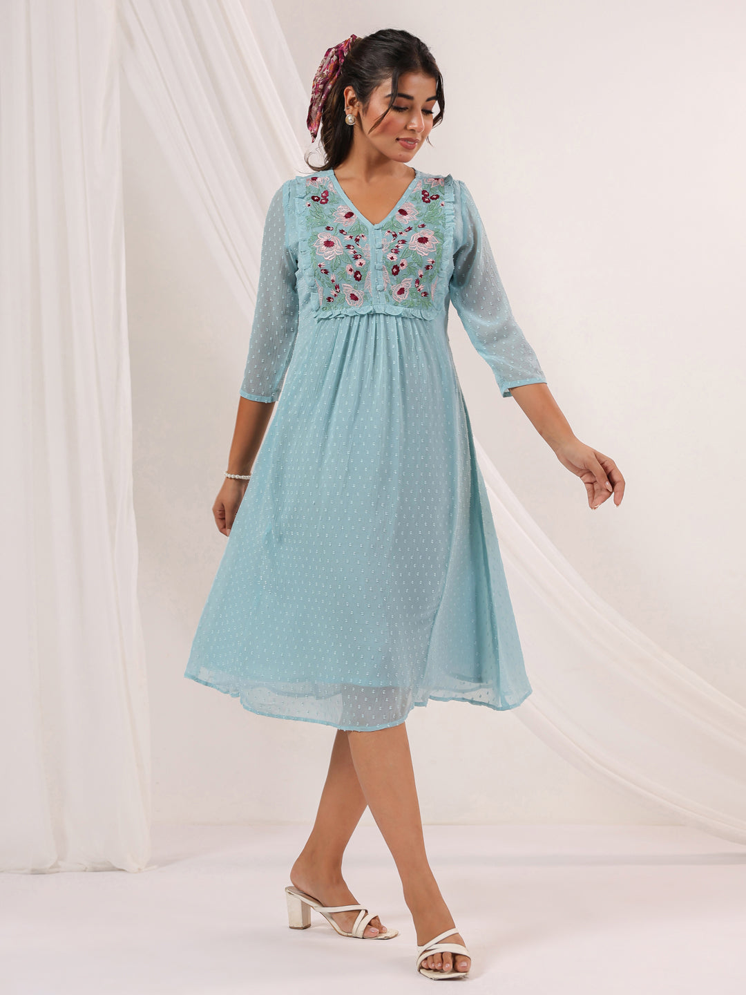 Janasya Light Dobby Chiffon Embroidered A-Line Dress