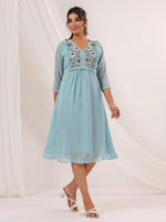 Thumbnail for Janasya Light Dobby Chiffon Embroidered A-Line Dress