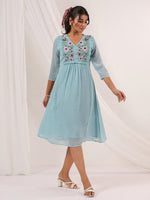 Thumbnail for Janasya Light Dobby Chiffon Embroidered A-Line Dress