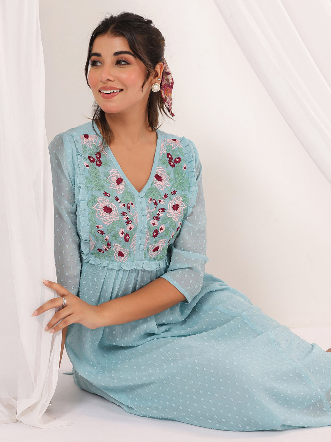 Janasya Light Dobby Chiffon Embroidered A-Line Dress
