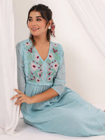 Thumbnail for Janasya Light Dobby Chiffon Embroidered A-Line Dress
