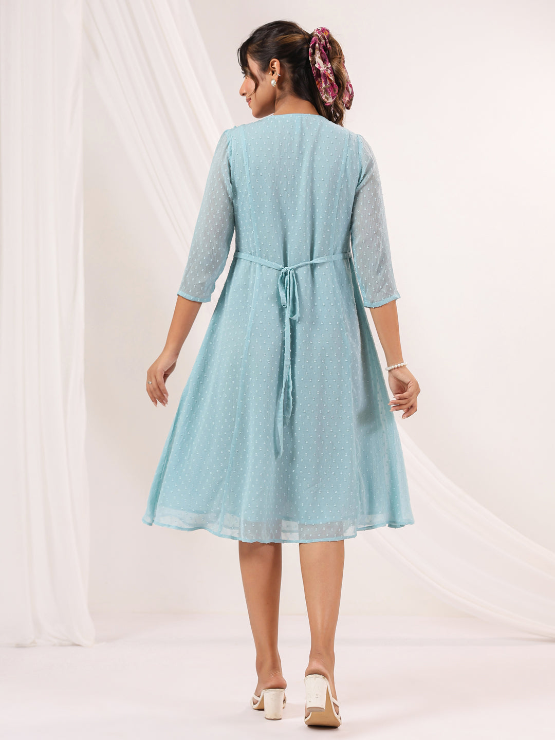 Janasya Light Dobby Chiffon Embroidered A-Line Dress