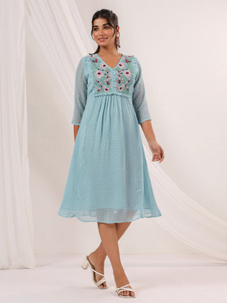Janasya Light Dobby Chiffon Embroidered A-Line Dress