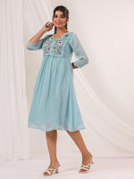 Thumbnail for Janasya Light Dobby Chiffon Embroidered A-Line Dress