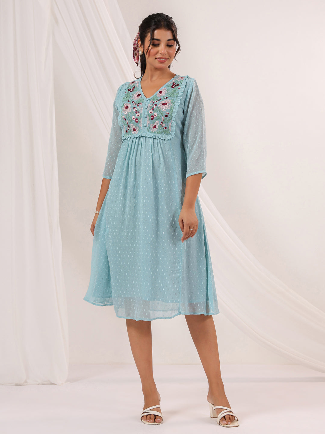 Janasya Light Dobby Chiffon Embroidered A-Line Dress