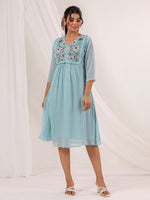 Thumbnail for Janasya Light Dobby Chiffon Embroidered A-Line Dress
