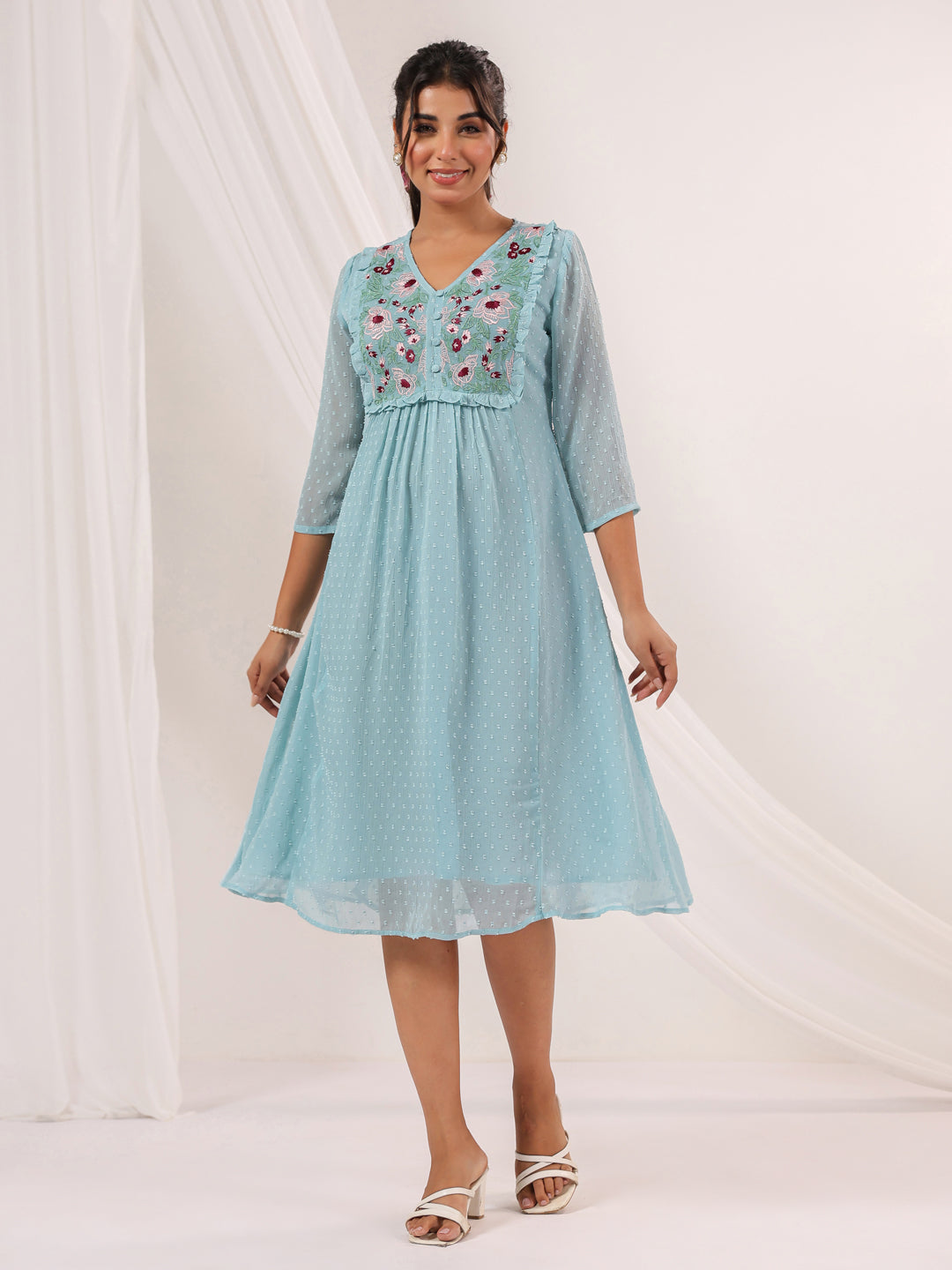 Janasya Light Dobby Chiffon Embroidered A-Line Dress