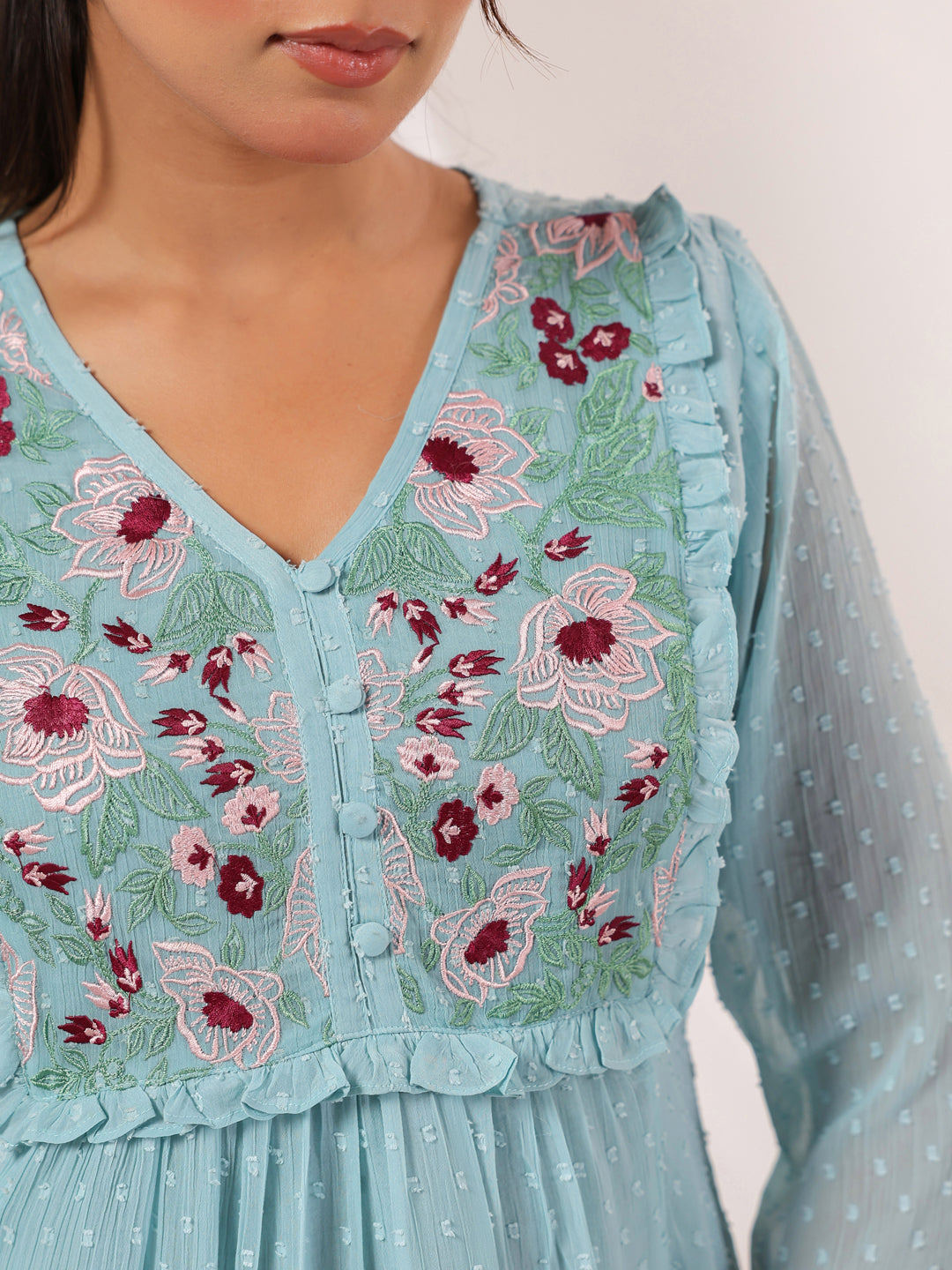 Janasya Light Dobby Chiffon Embroidered A-Line Dress