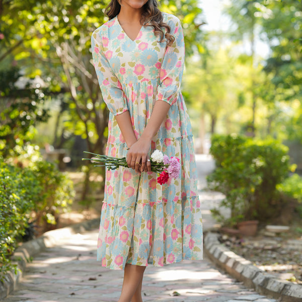 Janasya Bright Georgette Floral Tiered Dress