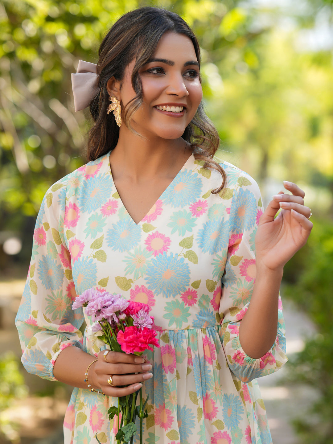 Janasya Bright Georgette Floral Tiered Dress