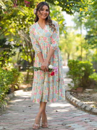 Janasya Bright Georgette Floral Tiered Dress