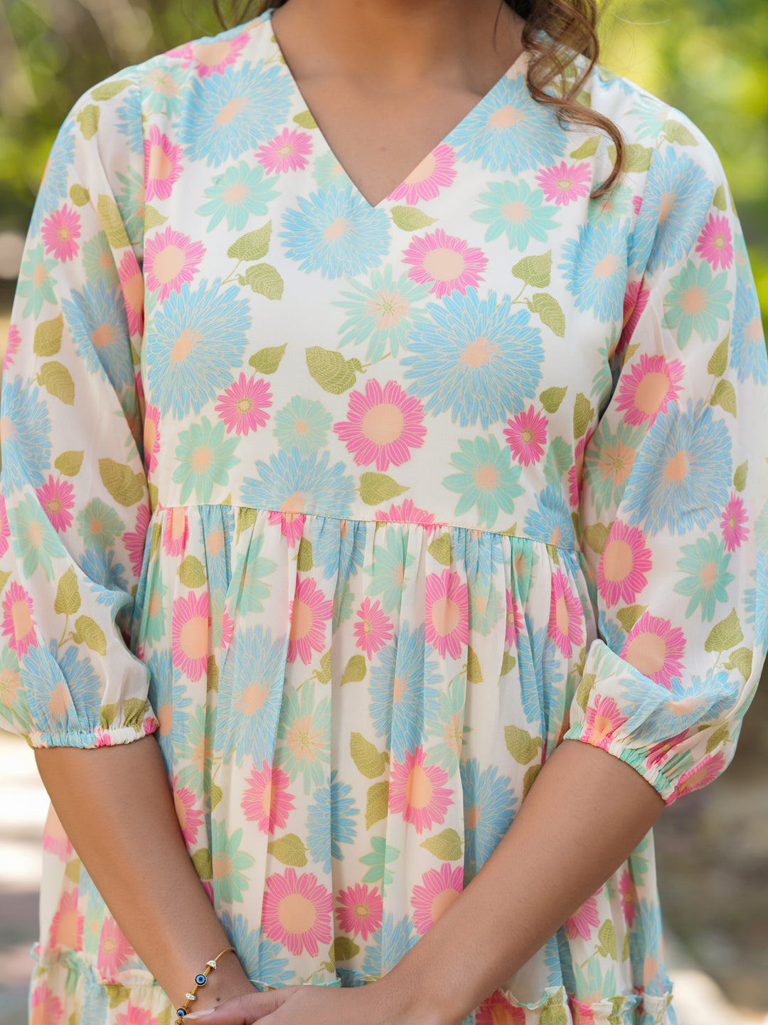 Janasya Bright Georgette Floral Tiered Dress