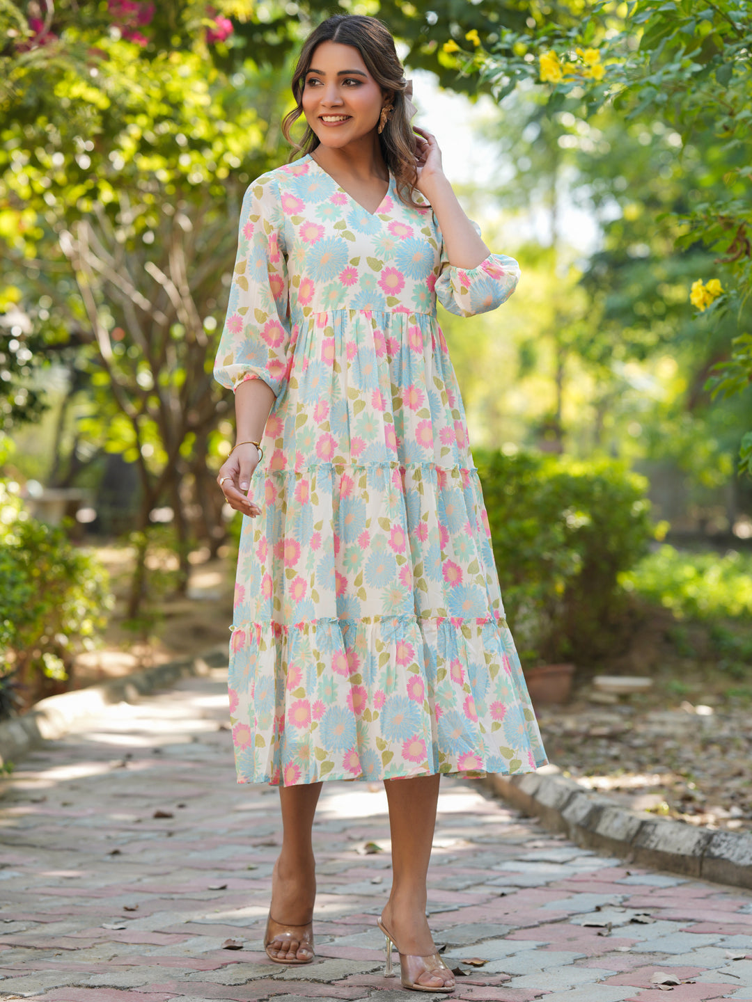 Janasya Bright Georgette Floral Tiered Dress