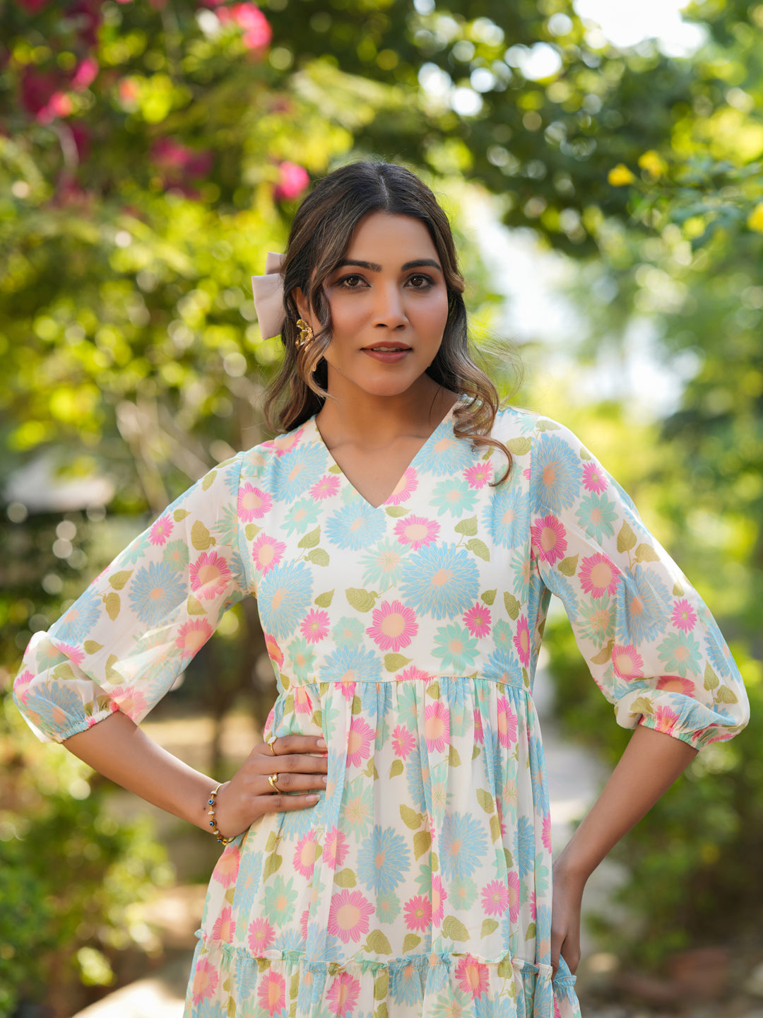 Janasya Bright Georgette Floral Tiered Dress