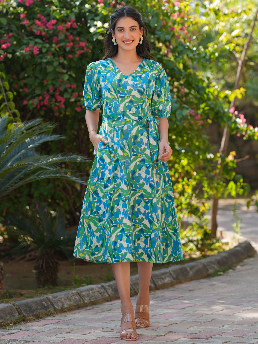 Janasya Bright Cotton Floral Fit & Flare Dress