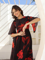 Thumbnail for Janasya Dark Georgette Floral A-Line Dress