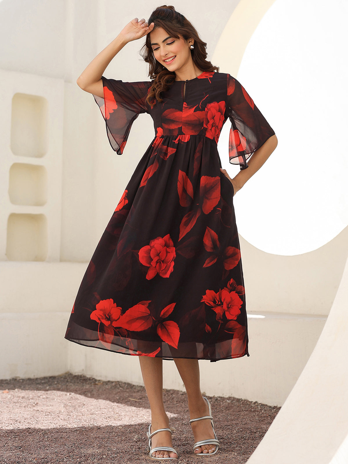 Janasya Dark Georgette Floral A-Line Dress