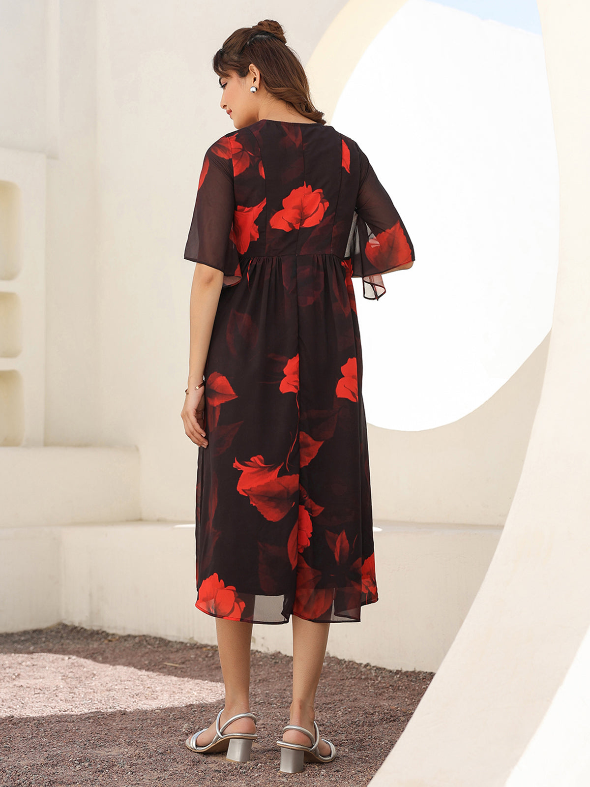 Janasya Dark Georgette Floral A-Line Dress