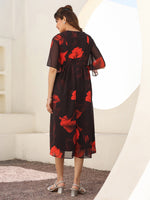 Thumbnail for Janasya Dark Georgette Floral A-Line Dress