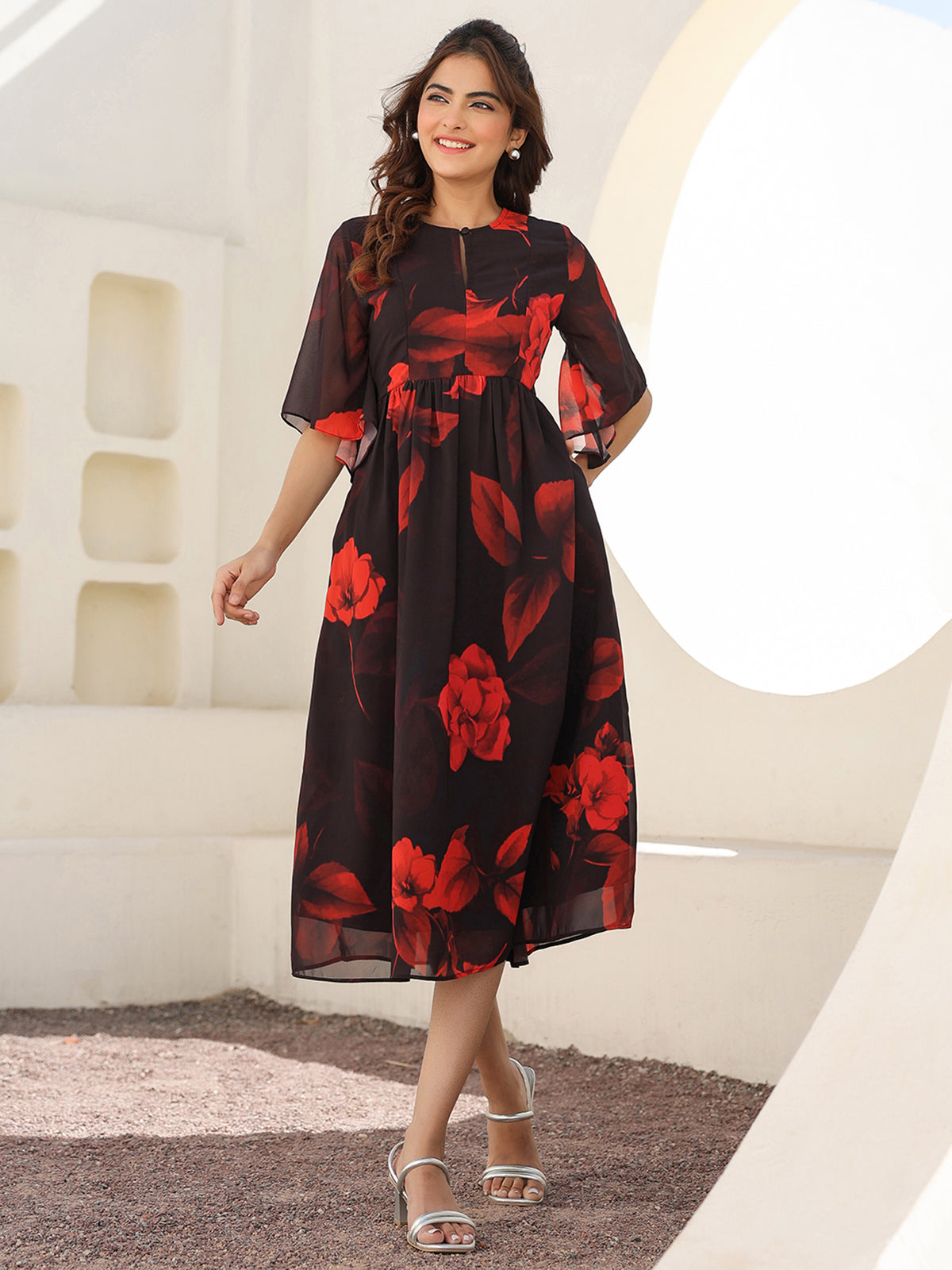 Janasya Dark Georgette Floral A-Line Dress