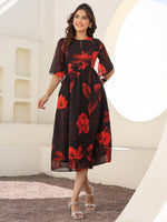 Thumbnail for Janasya Dark Georgette Floral A-Line Dress