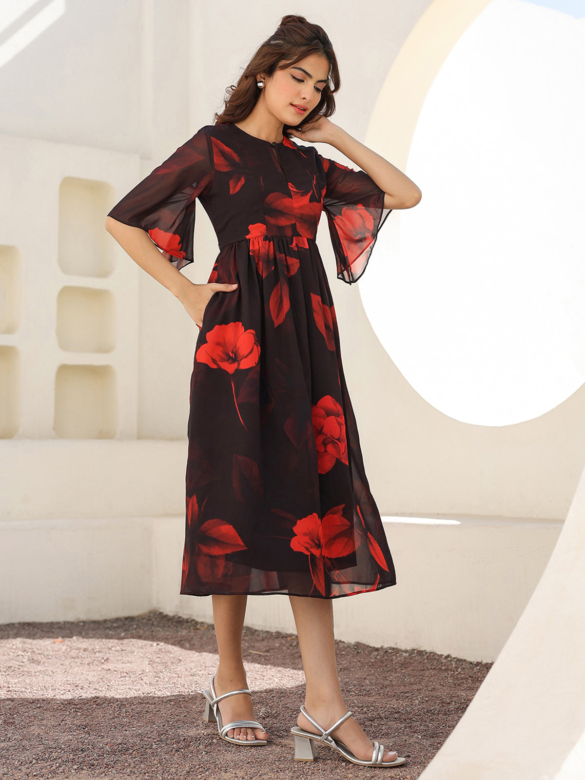 Janasya Dark Georgette Floral A-Line Dress
