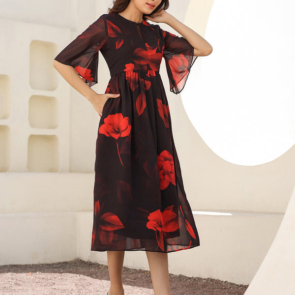 Janasya Dark Georgette Floral A-Line Dress