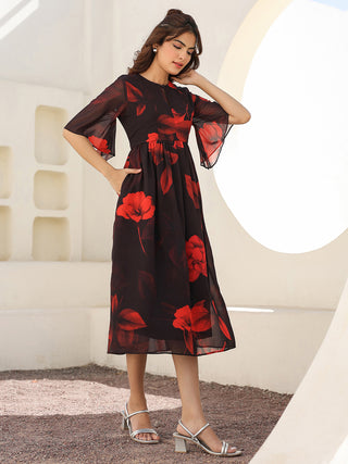 Janasya Dark Georgette Floral A-Line Dress