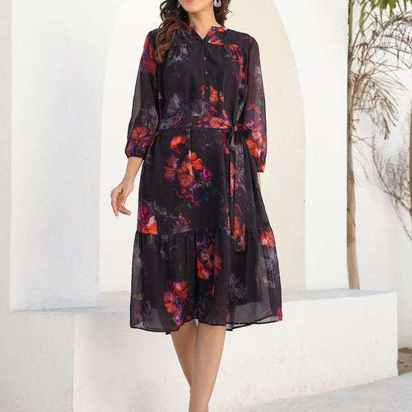 Janasya Dark Georgette Floral Tiered Dress
