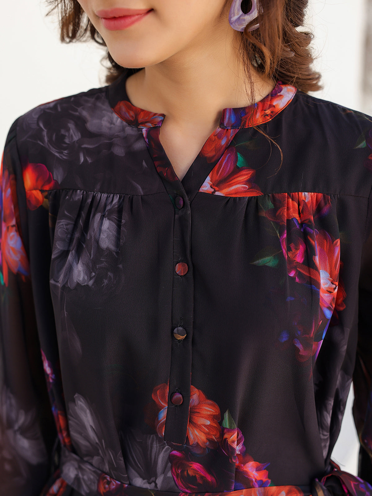 Janasya Dark Georgette Floral Tiered Dress