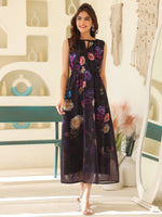 Thumbnail for Janasya Dark Georgette Floral Gathered Dress