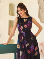 Thumbnail for Janasya Dark Georgette Floral Gathered Dress