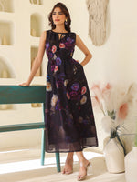Thumbnail for Janasya Dark Georgette Floral Gathered Dress