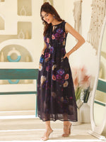 Thumbnail for Janasya Dark Georgette Floral Gathered Dress