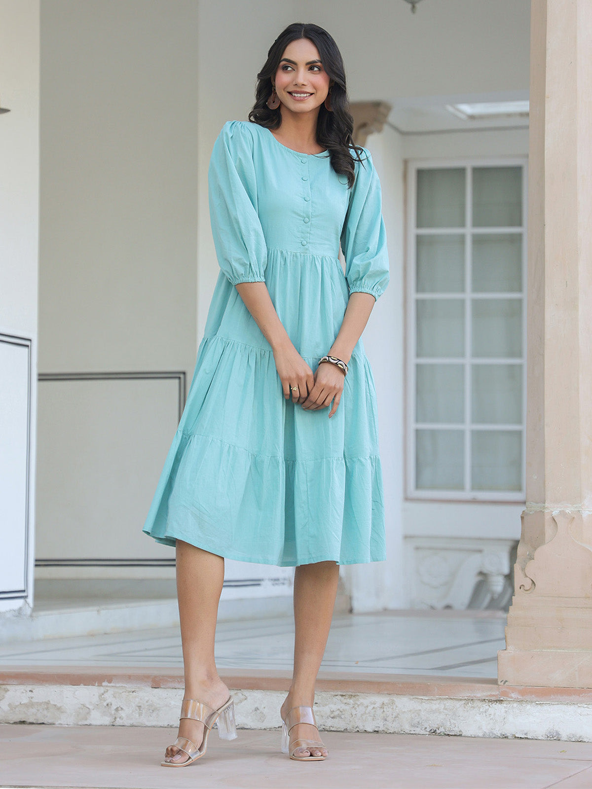 Janasya Light Cotton Solid Tiered Dress