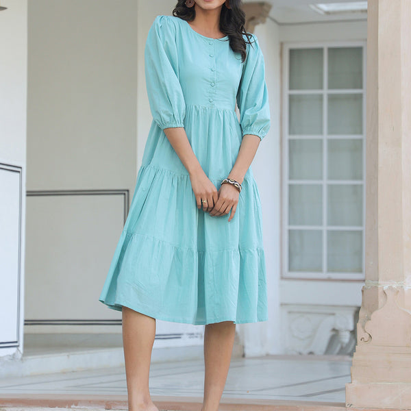 Janasya Light Cotton Solid Tiered Dress