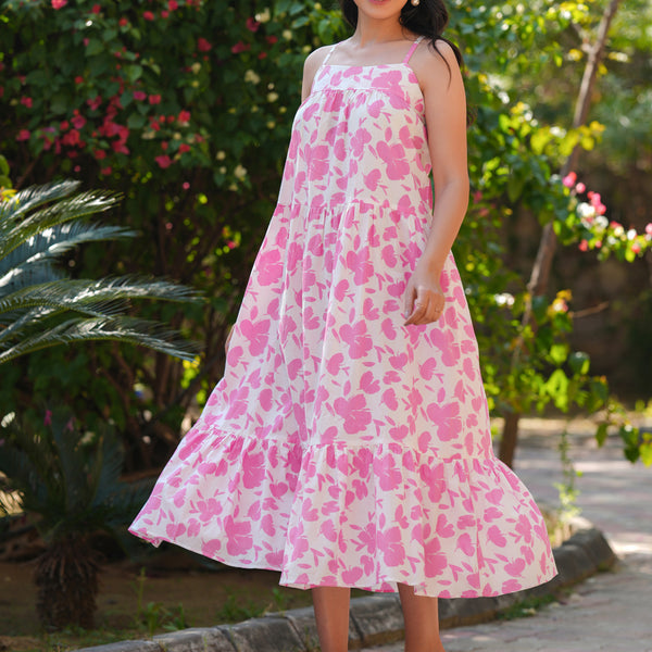 Janasya Light Cotton Abstract Tiered Dress - Distacart