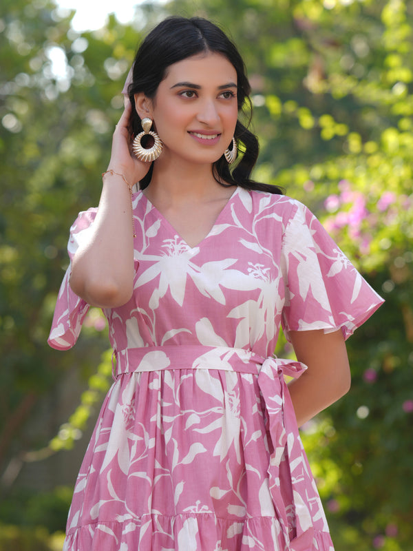 Janasya Light Cotton Floral Tiered Dress