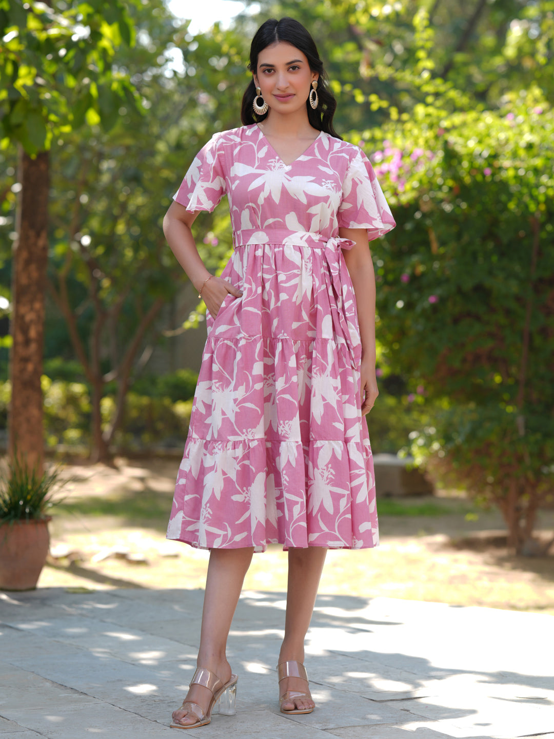 Janasya Light Cotton Floral Tiered Dress